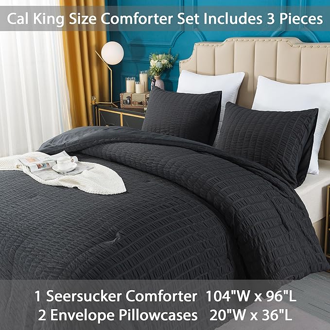 AveLom Black Seersucker California King Comforter Set (104x96 inches), 3 Pieces-100% Soft Washed Microfiber Lightweight Comforter with 2 Pillowcases, All Season Down Alternative Bedding Set