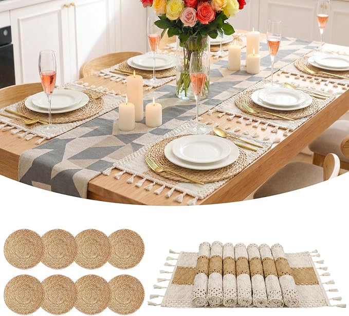 Boho Placemats Set of 16-8pcs 11.8 in Round Woven Rattan Place Mats & 8pcs 11.8” x 17” Cotton Braided Placemat for Dining Table Decor, Rustic Farmhouse Wicker Dinner Charger Plates Heat Resistant