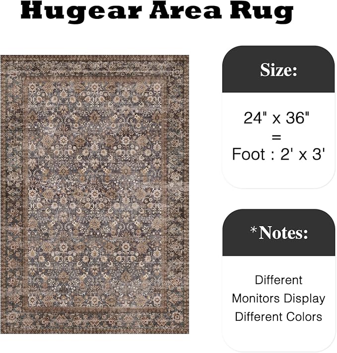 HUGEAR 2x3 Small Rug Machine Washable Area Rug Tradition Brown Entryway Rugs Entrance Door Mat Indoor Accent Rugs Floral Low Pile Carpet Distressed Throw Rug Kitchen Bedroom Office Non Slip