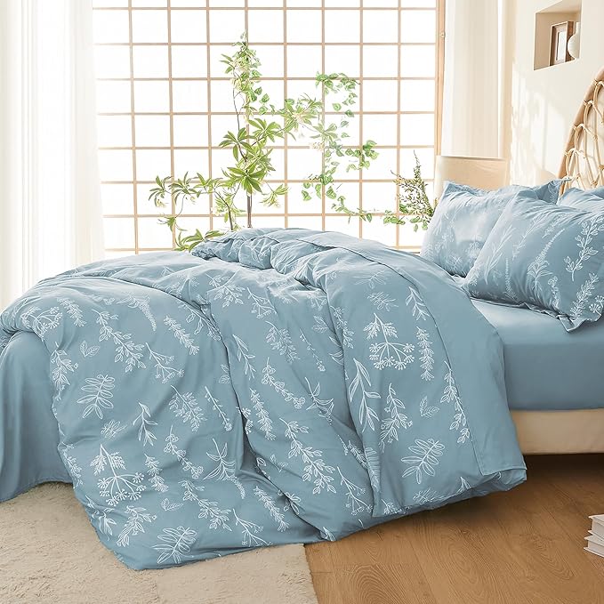 MUXHOMO Duvet Cover Full Size, Reversible Floral Mineral Blue Duvet Cover Set with Zipper Closure, 3 Pieces Botanical Patterns Soft Microfiber Bedding Set with 4 Ties (80"x90", 2 Pillow Cases)