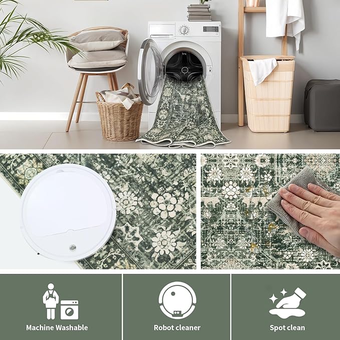 Dotiiorug Area Rug 5×7 Washable Rugs for Bedroom, Vintage Floral Rug Soft Non Slip Stain Resistant Carpet for Living Room Dinning Room Kitchen Home Office Green Black