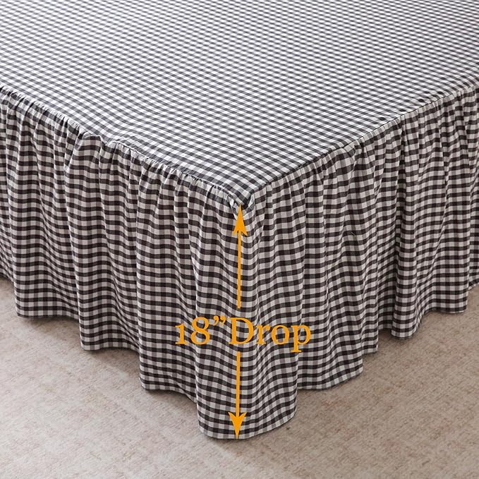 Silnuo Black/White Plaid Bed Skirt Washed Cotton Shabby Gingham Checkered Dust Ruffle King Size 18" Bedding(1 Bed Skirt Only)
