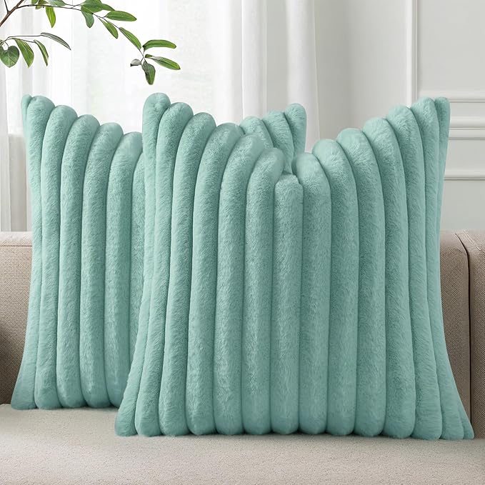 Pallene Faux Fur Plush Throw Pillow Covers 20x20 Set of 2, Luxury Soft Fluffy Striped Decorative Pillow Covers for Sofa, Couch, Living Room, Aqua