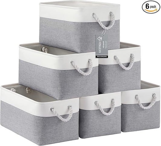 Large Storage Baskets- 15x11x10 inch Storage Bins for Shelves and Closet Organizing, Foldable Fabric Bin for Home Organization Clothes and Laundry (6-Pack, White&Gray)