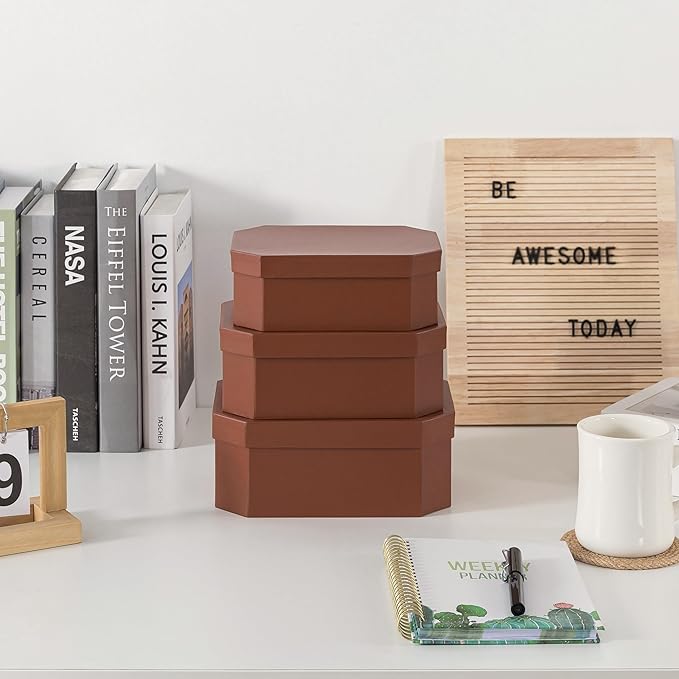 Soul & Lane Octagon Vegan Leather Decorative Boxes in Light Brown, Set of 3 Unique Durable Nesting Cardboard Storage Memory Boxes for Organizing, Keepsakes, Gifts