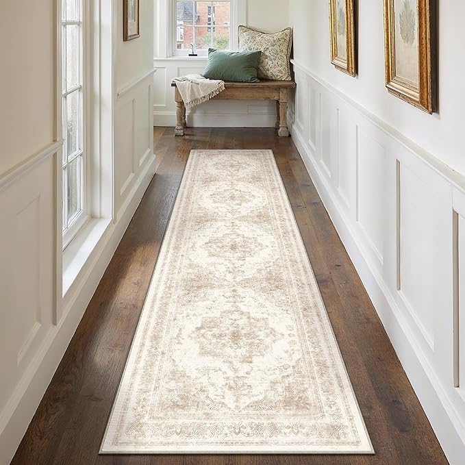 PureCozy Runner Rug 2x10 Cream Hallway Washable Beige Carpet Non Slip Vintage Medallion Beige Carpet Low Pile Soft Distressed Retro Indoor Long Rug for Entryway Kitchen Bathroom Laundry Bedroom