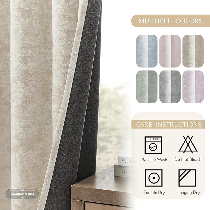 Beauoop Beige Floral Jacquard Blackout Curtains 96 Inches Long 2 Panels for Bedroom Living Room Taupe Flower Chenille Room Darkening Thermal Insulated Soundproof Grommet Window Treatments Drapes 52x96