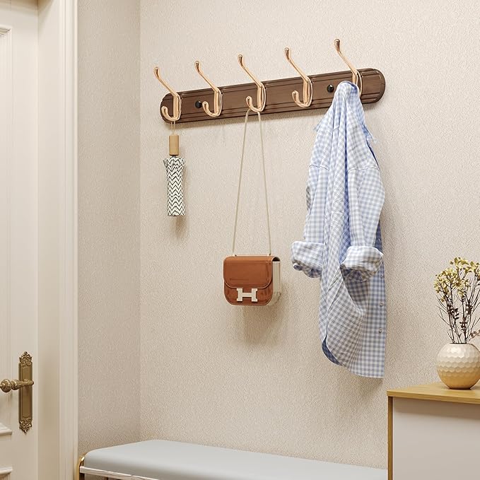 Coat Rack Wall Mount, Bamboo Coat Hanger with 5 Metal Pink Gold Hooks for Hanging Clothes, Towels, Keys, Hats, Bags(Brown)