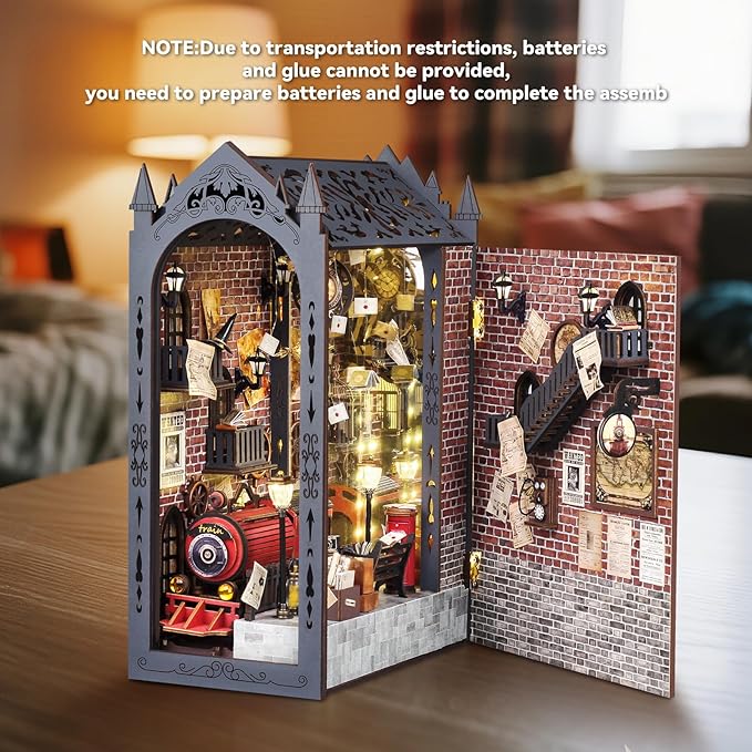 suruim DIY Book Nook Kit Bookend Puzzle Miniature Nook Library Bookshelf Insert Bookends Decoration Books Ornaments Gifts for Adults (Train Station)