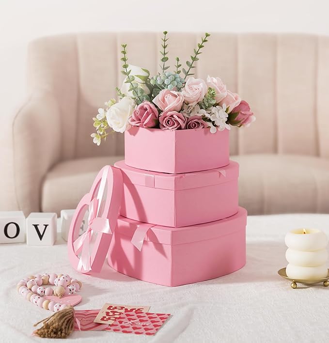 Soul & Lane Pink Heart Shaped Gift Boxes with Clear Lids and Decorative Bows: Set of 3 Cardboard Heart Boxes for Flowers, Chocolates, Large Box for Flower Arrangements and Valentine’s Day Presents