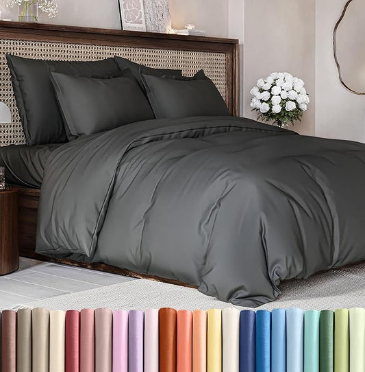 Duvet Cover Cal King Size Set - Extra Soft Cal King Size Duvet Cover 104 x 98 with 2 Pillow Shams - Hotel Luxury Easy Care and Fade Free w/Zipper Closures & Ties - Breathable Bedding Set (Charcoal)
