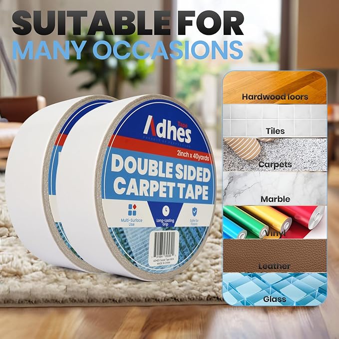 ADHES Double Sided Carpet Tape for Area Rugs – 2 Inch x 40 Yards, Heavy Duty Adhesive, Residue-Free, Rug Gripper for Hardwood Floors, Tile, and Carpeted Surfaces – Easy to Apply