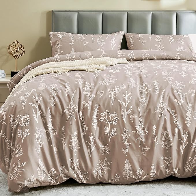 MUXHOMO Duvet Cover Queen Size, Reversible Floral Taupe Duvet Cover Set with Zipper Closure, 3 Pieces Botanical Patterns Soft Microfiber Bedding Set with 4 Ties (90"x90", 2 Pillow Cases)