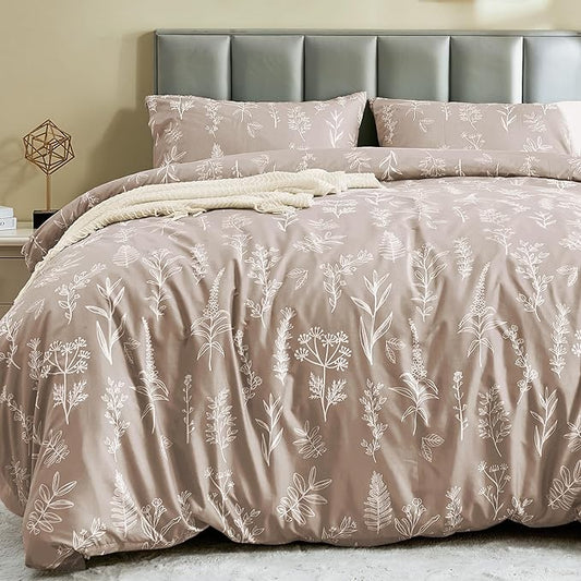 MUXHOMO Duvet Cover Queen Size, Reversible Floral Taupe Duvet Cover Set with Zipper Closure, 3 Pieces Botanical Patterns Soft Microfiber Bedding Set with 4 Ties (90"x90", 2 Pillow Cases)