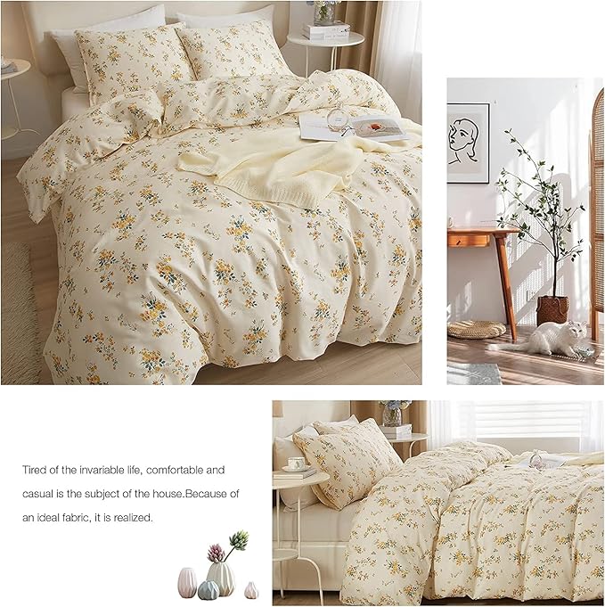 LifeTB Chic Garden Floral Twin XL Soft Cotton Yellow Floral Bedding Sets Cottagecore Botanical Comforter Cover with Zipper Closure