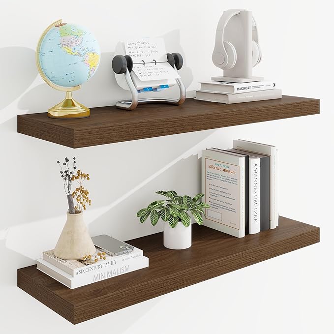 30in Floating Shelves for Wall, 30"W x 9.25"D x 1.25"H, 2 Pack Long Wall Mounted Engineered Wood Shelves with Invisible Brackets for Living Room, Bedroom, Bathroom, Kitchen Decor and Storage, Walnut