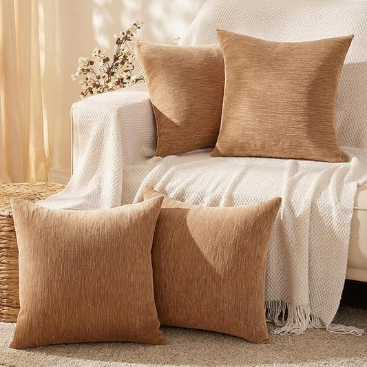 Set of 4 Brown Throw Pillow Covers 24x24 Inch, Neutral Boho Farmhouse Aesthetic Decorative Pillow Cases for Couch, Sofa, Living Room & Bed, Soft Chenille Pillow Cases, Stylish Home Decor, 60x60 cm