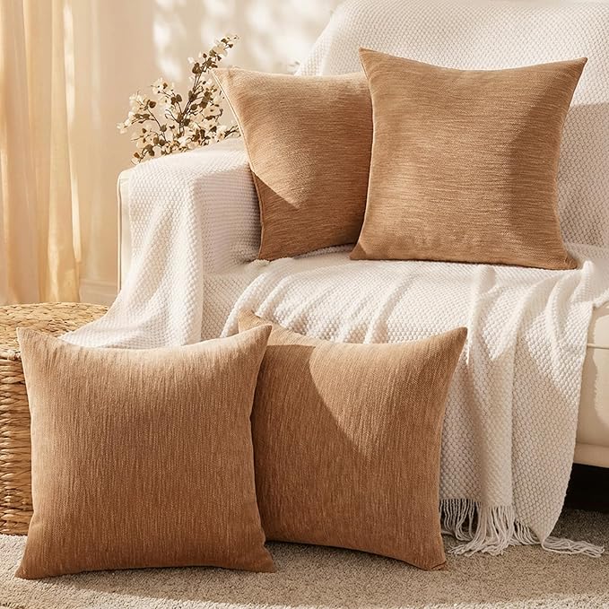 Set of 4 Brown Throw Pillow Covers 18x18 Inch, Neutral Boho Farmhouse Aesthetic Decorative Pillow Cases for Couch, Sofa, Living Room & Bed, Soft Chenille Pillow Cases, Stylish Home Decor, 45x45 cm