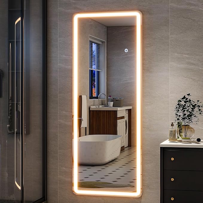 HARRITPURE LED Full Length Mirror - 64"x21" Rounded Corner Floor Mirrors with Stand, Large Standing Mirror with Lights for Bedroom/Cloakroom -Dimmable & 3 Color Lighting/Wall Mounted
