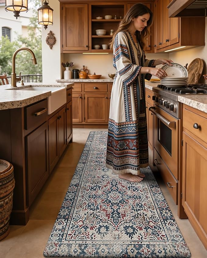 DEXI Kitchen Mats for Floor Cushioned, 23x59 Extra Large Wide Runner Rug Non Slip, Waterproof Soft Comfort Standing Padded Anti Fatigue Decorative, Blue Red