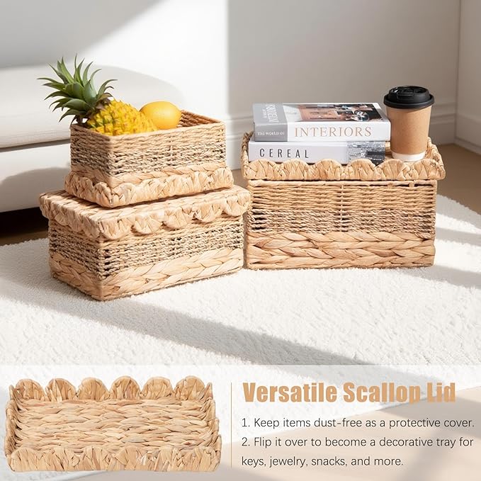 Wicker Storage Baskets with Lids Natural Handmade Scalloped Rattan Box Decorative Bohemian Removable Tray Lid Handles Water Hyacinth Seagrass Paper Rope Woven Bins Container (Small)