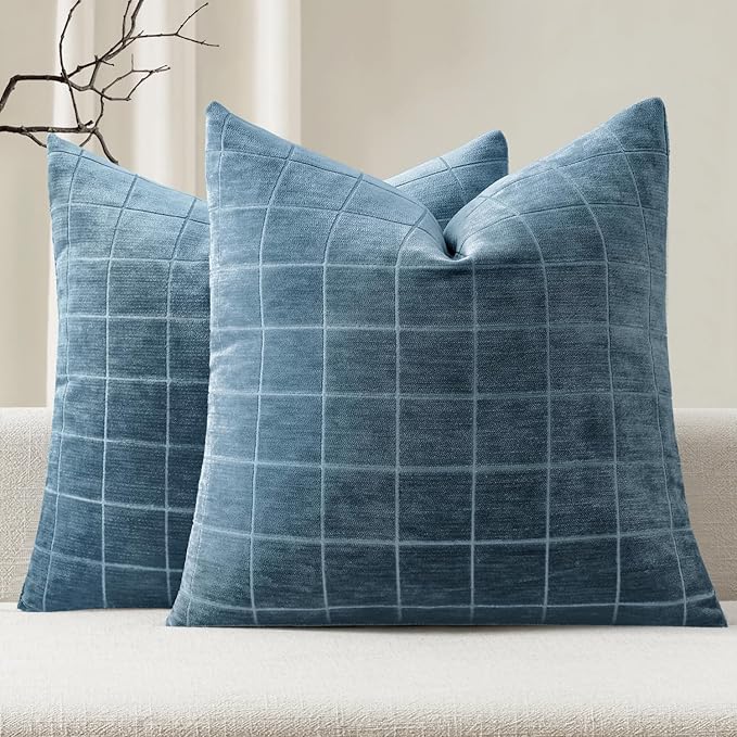 MIULEE Decorative Chenille Check Throw Pillow Covers Vintage Plaid Couch Pillows 20x20 Inch Set of 2 Neutral Boho Farmhouse Cushion Covers Modern Spring Coastal Decor for Sofa Bed Living Room Blue