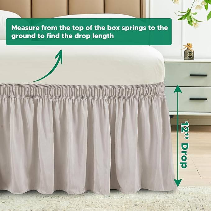 Biscaynebay Wrap Around Bed Skirts for King & Cal King Beds Short Drop of 12", Camel Grey Adjustable Elastic Dust Ruffles Easy Fit Wrinkle Resistant Silky Luxurious Fabric Machine Washable