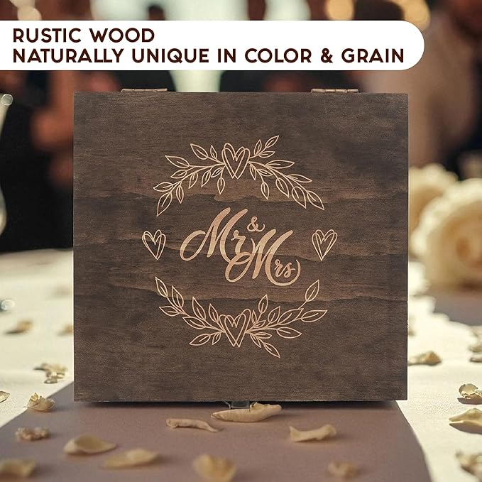 Mr and Mrs Wedding Memory Box- Wooden Keepsake Box with Lid for Couples, Rustic Storage Box for Cards, Photos & Mementos, Valentine’s Day, Wedding Anniversary & Engagement Gift- 8.5 x 8 x 2.4 Inches