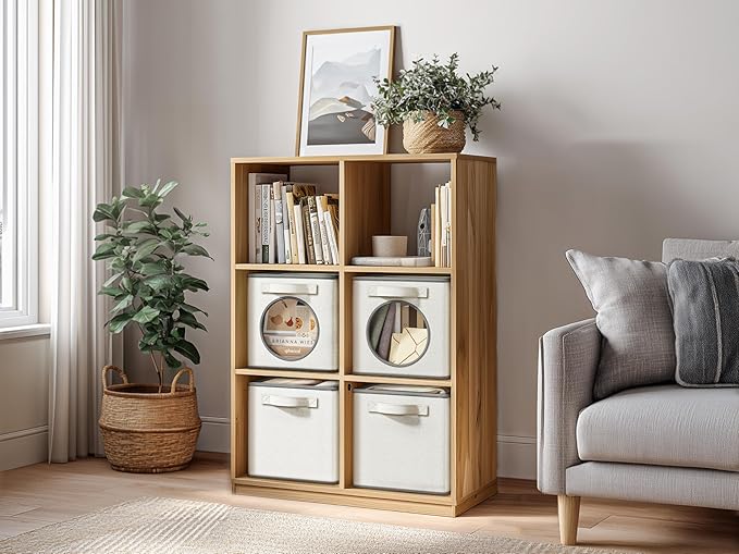 Vailando Foldable Fabric Storage Cube with Round Window - 4 Pack 11"x11"x11" Collapsible Closet Organizer Bins for Clothes, Shelves, Offices, Laundry & Misc, White & Ivory