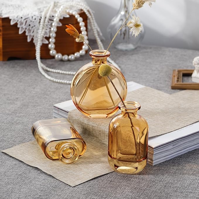 Joeyan Amber Glass Bud Vase Set of 3 - Decorative Rustic Flower Vase - Small Bottle Vase Centerpieces for Wedding, Home, Office, Table Décor