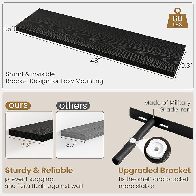 Fun Memories 48 Inch Floating Shelves in Black, 9.3 Inch Deep Floating Shelf for Bathroom Living Room Kitchen, Rusitc Wall Mounted Bathroom Shelves 1 Pack, Heavy-Duty Deep Shelf for Books Decor
