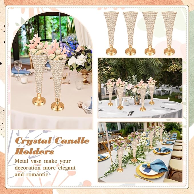 Rtteri 4 Pcs 20 Inch Tall Crystal Vase for Centerpieces Wedding Christmas Metal Crystal Trumpet Flower Vase Stand for Holiday Table Floor Wedding Banquet Celebration, Classic Elegance(Gold)