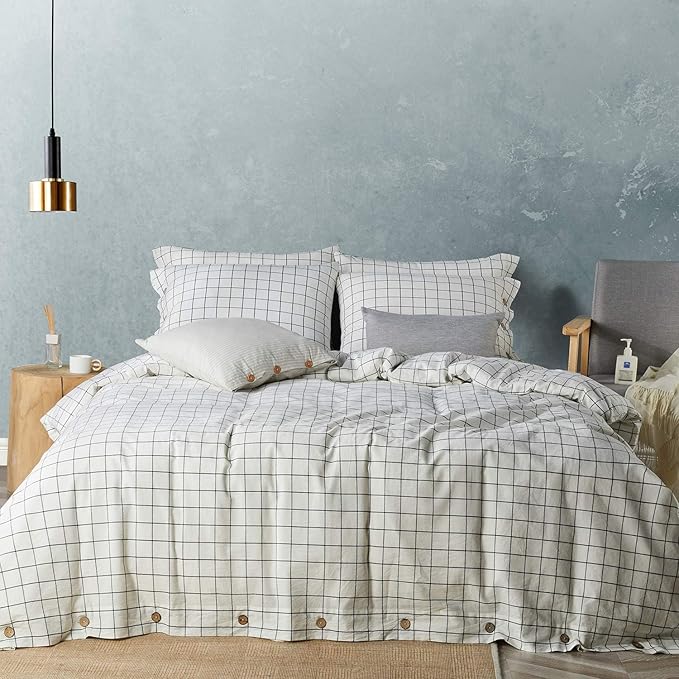 JELLYMONI Cotton Duvet Cover Queen Size - White Grid Plaid Comforter Cover with Button 100% Washed Cotton 3PCS Breathable Soft Bedding Set Duvet Cover 90×90in & 2 Pillowcases (NO Comforter)