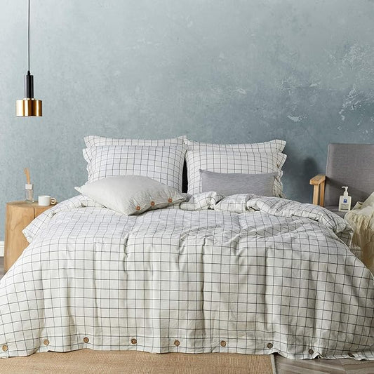 JELLYMONI Cotton Duvet Cover Queen Size - White Grid Plaid Comforter Cover with Button 100% Washed Cotton 3PCS Breathable Soft Bedding Set Duvet Cover 90×90in & 2 Pillowcases (NO Comforter)