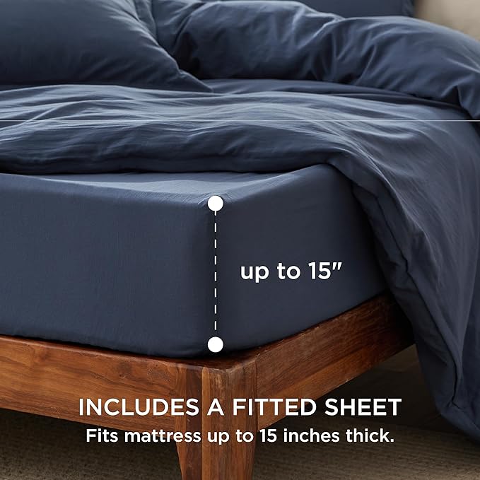 Bedsure Duvet Cover Queen Size with Fitted Sheet - 4 Pieces Prewashed Cotton-Like Extra Soft Bedding Set, Includes 1 Duvet Cover 90x90 Inches with Zipper Closure, 2 Pillow Shams, 1 Fitted Sheet, Navy