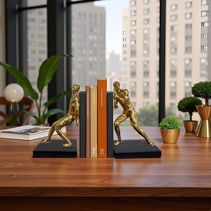 Golden Abstract Man Bookends Set of 2 – Heavy Duty Resin Sculpture Book Stoppers, Decorative Modern Book Ends for Home Office Bookshelf Organizer