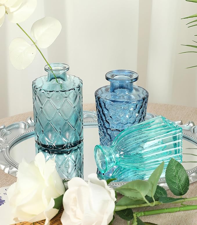 Set of 15 Colorful Glass Bud Vases - Small Textured Flower Vases for Centerpieces, Wedding Table Decor, Retro Home Decor Bulk Vase Set for DIY, Events & Gifts