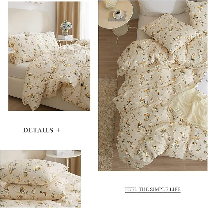 LifeTB Chic Garden Floral Twin XL Soft Cotton Yellow Floral Bedding Sets Cottagecore Botanical Comforter Cover with Zipper Closure