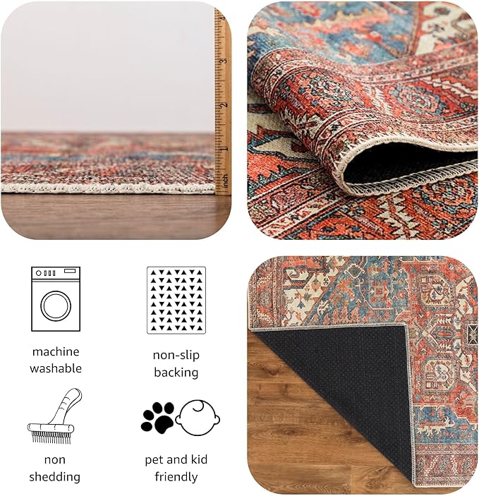 Keen Home Design 2x10 Rug - Machine Washable Runner with Non-Slip Backing, Ideal for Hallway, Entryway, Kitchen, Laundry Room - Vintage, Easy Clean, Durable, Low Pile Rug - (2'6" x 10')
