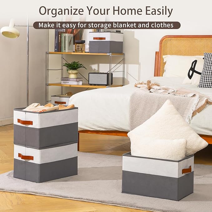 4 Pack Large Storage Bins with Handle,Collapsible Storage Basket for Shelves,Fabric Closet Organizer for Organizing Clothes Blanket,Decorative Dorm Organizers and Storage