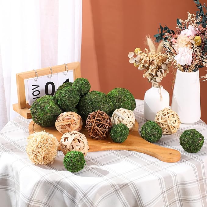 Jetec 18 Pcs Decorative Balls for Centerpiece Bowls 12 Green Moss Balls + 6 Wicker Rattan Cord Decorative Bowl Vase Fillers for Garden Vase Bowl Home Party Table Farmhouse Rustic Wedding Decor