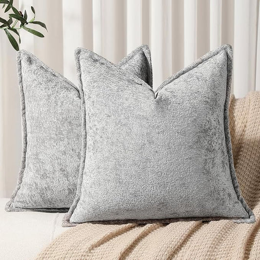 DEZENE Pack of 2 Light Gray Decorative Throw Pillow Covers 18x18 Cozy Soft Chenille Accent Vintage Square Couch Pillow Covers for Home Decor Bed Sofa Living Room