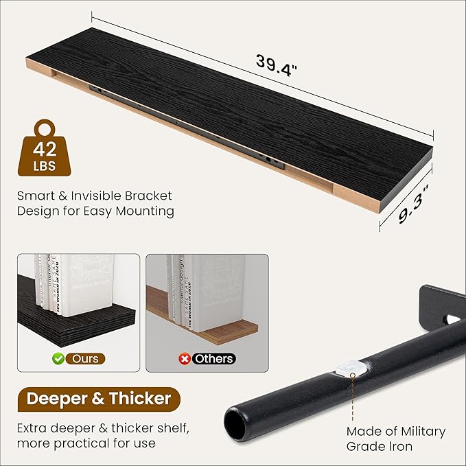 Fun Memories 40 Inch Black Floating Shelves, 9.3 Inch Deep Wall Shelves for Living Room|Bedroom|Kitchen, Rusitc Wall Mounted Bathroom Shelves 2 Pack, Heavy-Duty Deep Shelf for Books，Decor