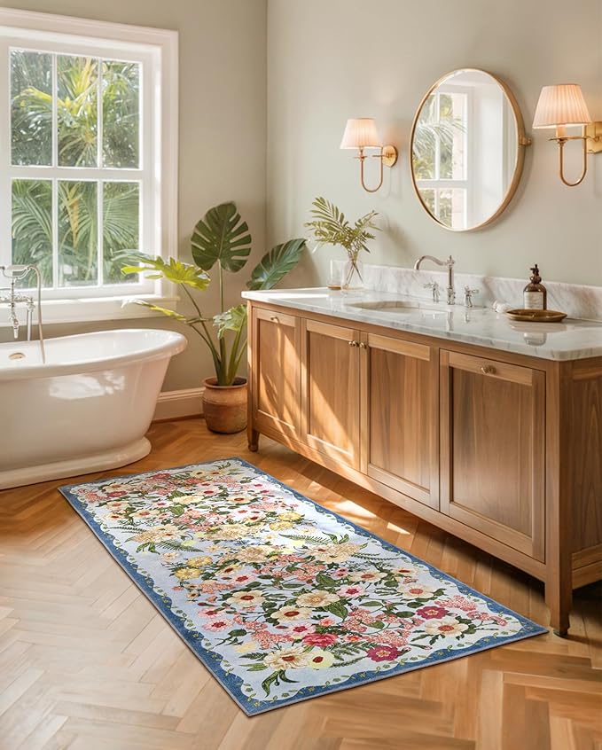 AREAMAY Floral Runner Rug 2x6 - Washable Vintage Kitchen Rug Low Pile Non-Slip Carpet for Entryway Hallway, Laundry, Bedroom - Soft, Stain Resistant Indoor Area Rug - Blue