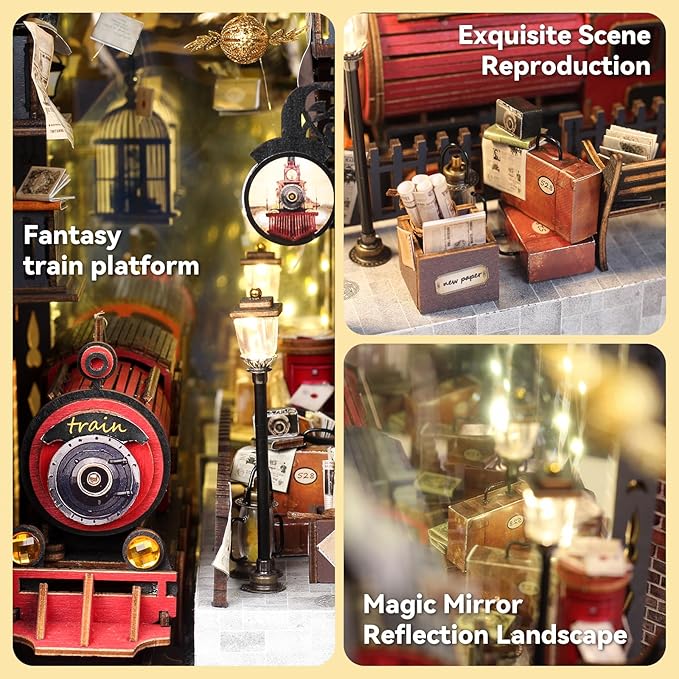 suruim DIY Book Nook Kit Bookend Puzzle Miniature Nook Library Bookshelf Insert Bookends Decoration Books Ornaments Gifts for Adults (Train Station)