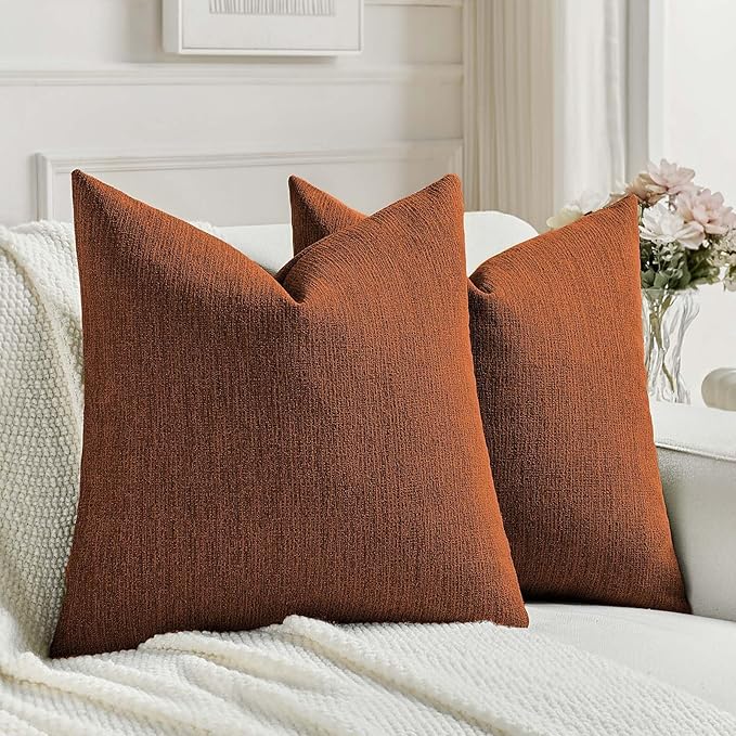 FUTEI Rust Chenille Decorative Throw Pillow Covers 26x26 Inch Set of 2,Soft Cozy Faux Linen Textured Euro Pillow Shams,Farmhouse Home Decor for Couch Living Room