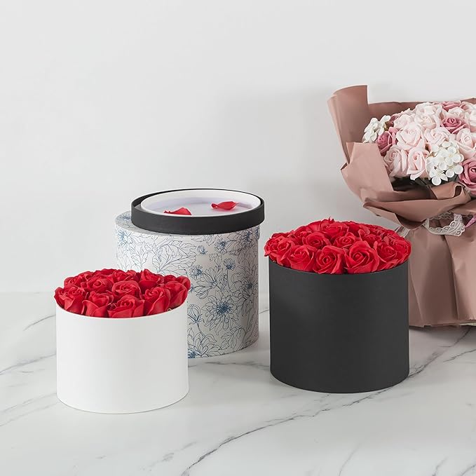 Soul & Lane Round Gift Boxes with Lids – Set of 3 Circular Boxes for Flowers, Bouquets & Arrangements, White Cardboard Cylinder Gift Box Set for Roses, Décor and Special Presentations