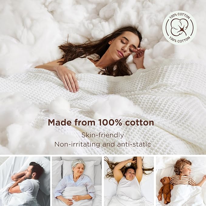 Bedsure Gentlesoft 100% Cotton Blanket Queen Size for Bed - Breathable and Soft for Spring Summer, Thick Cozy Waffle Weave Blanket Gifts for Women, White, 90x90 Inches