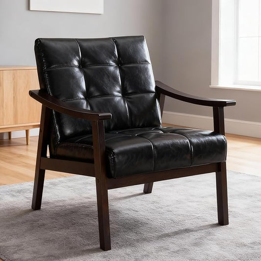 Hjaustevy Leather Accent Chair, Upholstered Arm Chair, Mid-Century Modern Chair with Solid Wood Legs, Lounge Reading Chair with High Back for Living Room, Bedroom, Waiting Room, Black