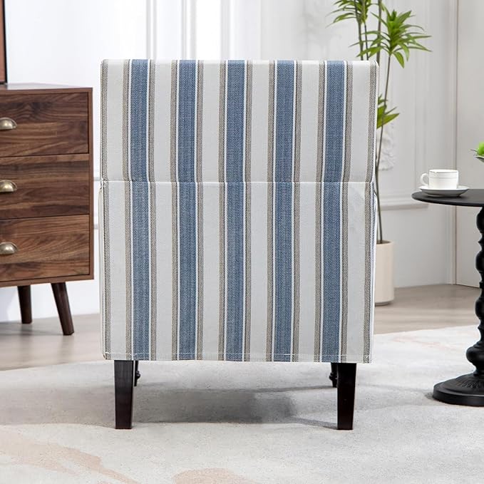 Yogald Vintage Striped Accent Armchair, Mid Century Corner Chair with Nail-Head Trim, Comfy Upholstered Reading Chair, Mediterranean Chair for Living Room Bedroom Guest Room (Blue and White Linen)